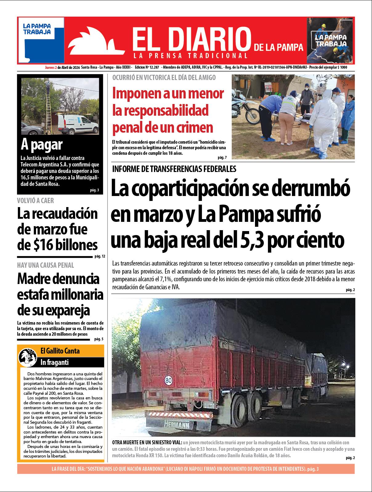 Tapa de El Diario en papel  jueves 02 de abril de 2026